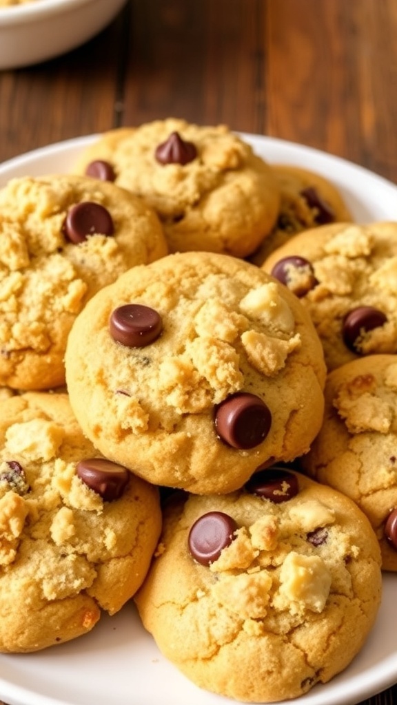 A plate of golden crumble cookies with chocolate chips on a rustic wooden table.